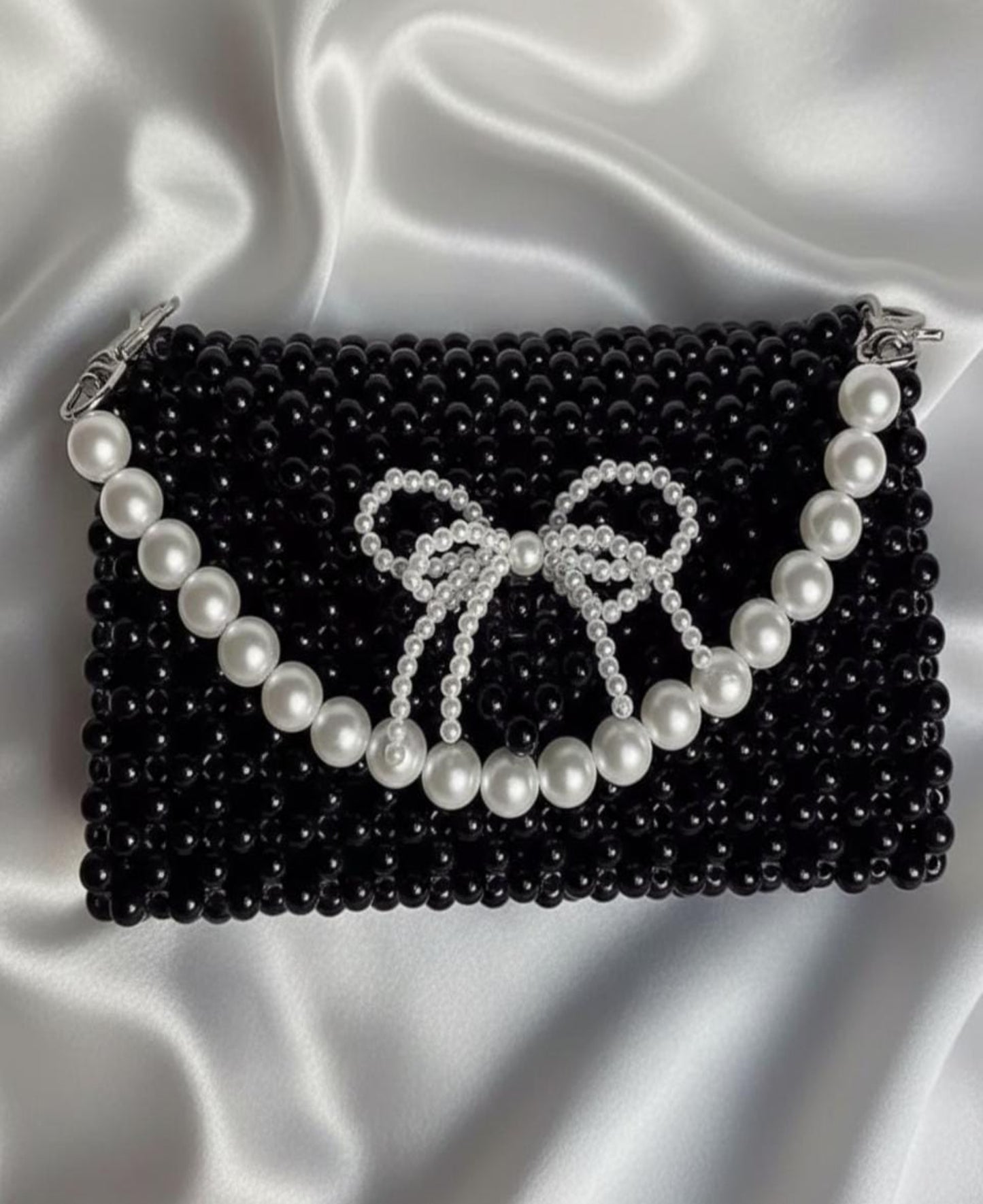 BF # 1007 Black pearl bag with beautiful white beaded bow