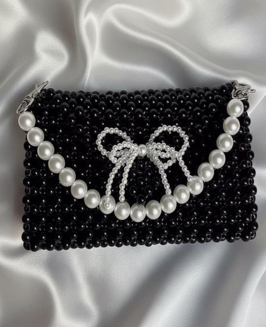 BF # 1007 Black pearl bag with beautiful white beaded bow